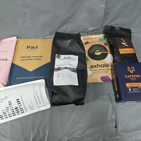 APPROXIMATELY 6 ASSORTED COFFEE PRODUCTS TO INCLUDE PACT, GRIND, AND PENNINGTONS ETC.