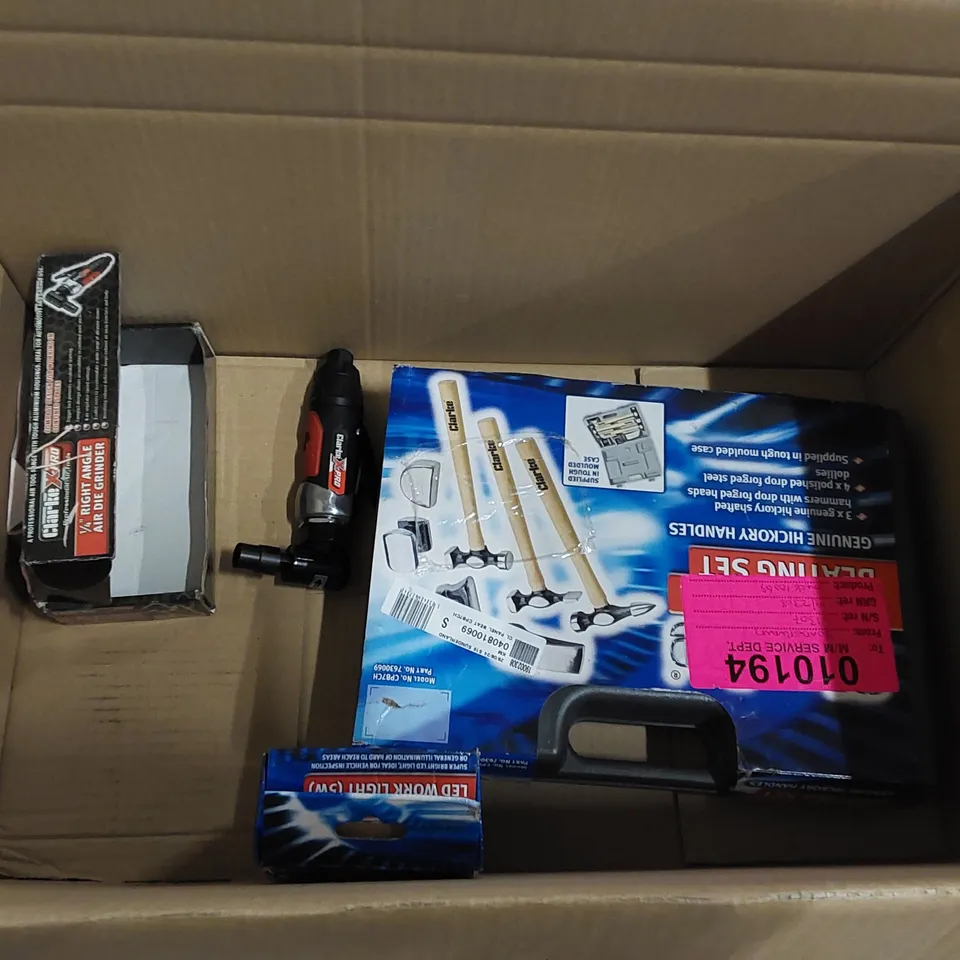 BOX OF ASSORTED TOOLS TO INCLUDE: CLARKE NAIL GUN, CLARKE 5 TONNE TELESCOPIC BOTTLE JACK, CLARKE MULTI-VALVE SPRING COMPRESSOR ECT