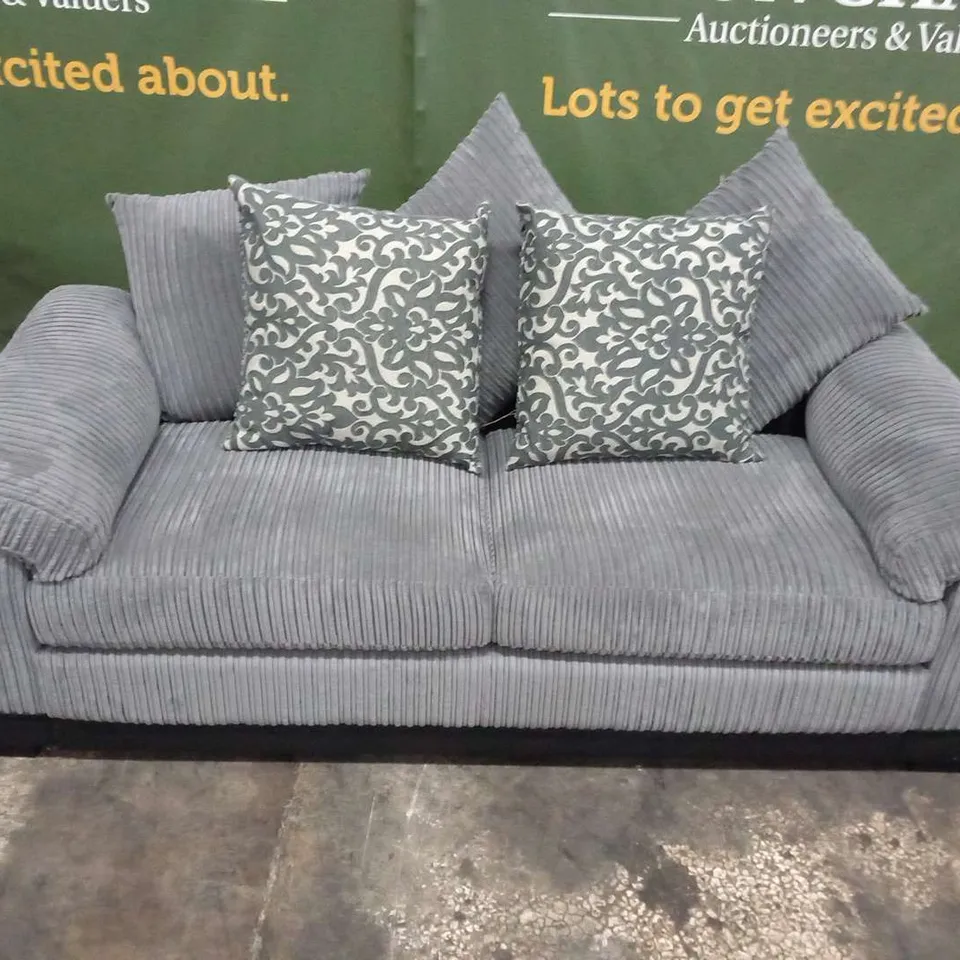 DESIGNER BLACK SUEDE EFFECT AND GREY CORDED FABRIC TWO SEATER WITH SCATTER CUSHIONS