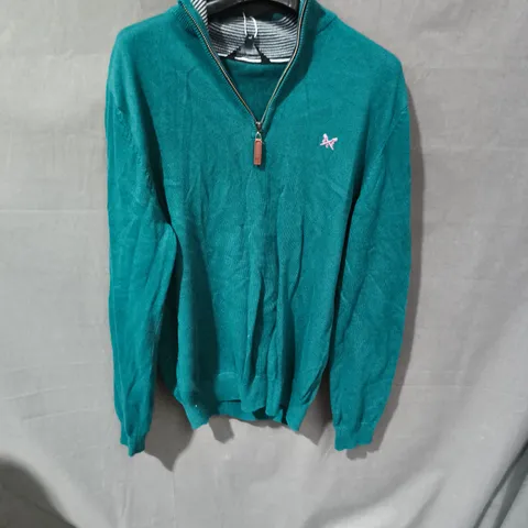 CREW CLOTHING CO. TEAL ORGANIC COTTON ZIP JUMPER – UK LARGE