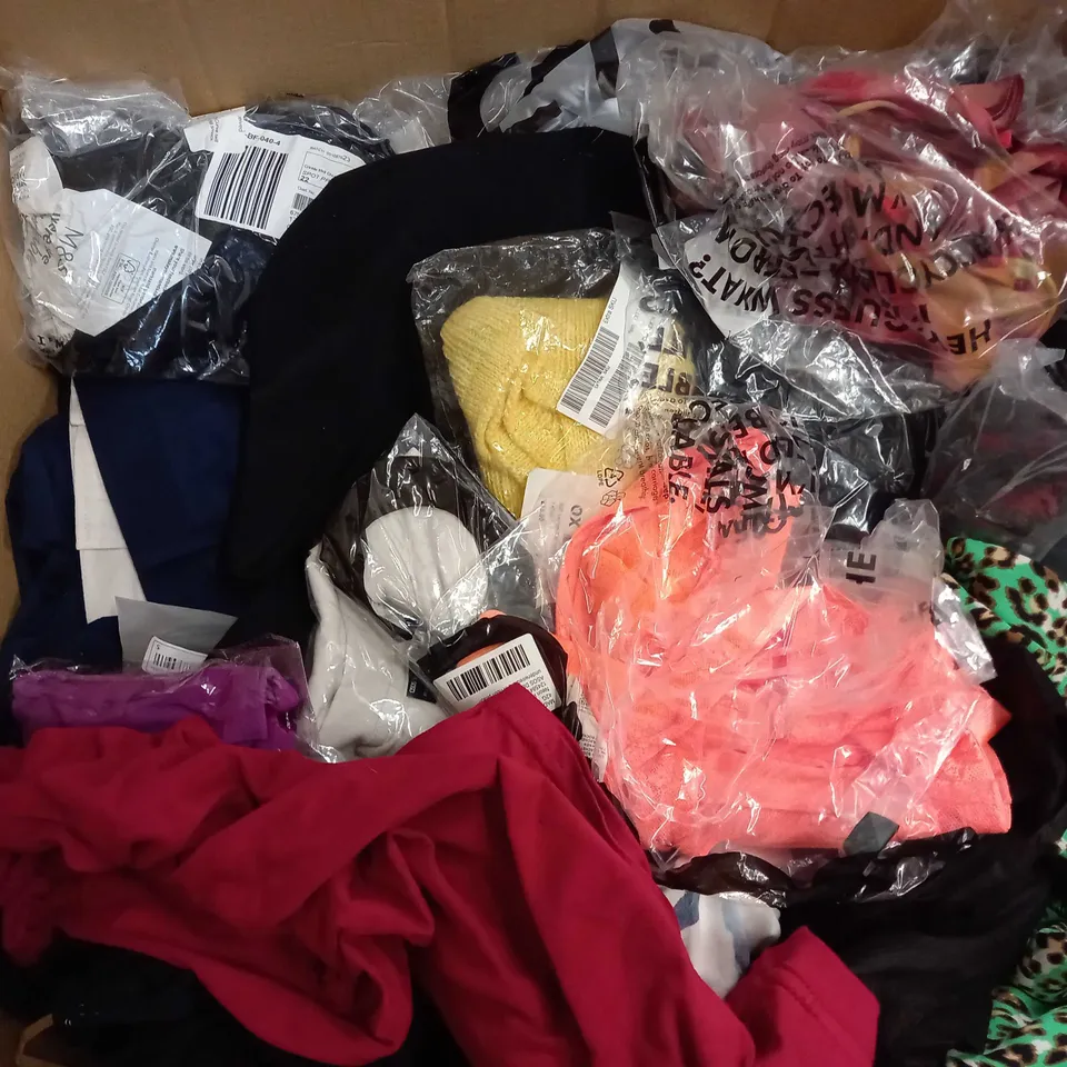  BOX OF ASSORTED CLOTHING ITEMS TOO INCLUDE DRESSES , SHIRTS AND TROUSERS IN VARIOUS SIZES AND COLOURS   