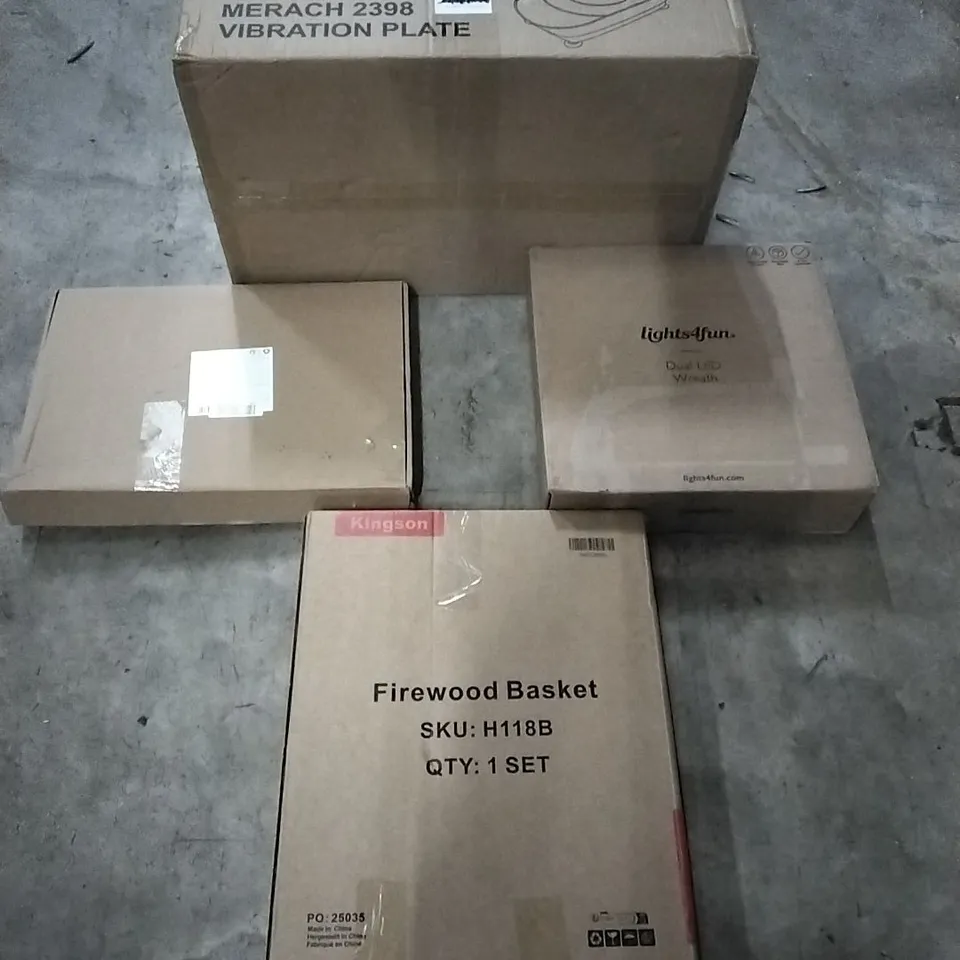 PALLET OF HOUSEHOLD ITEMS TO INCLUDE FIREWOOD BASKET, DUEL LED WREATH, PICTURE FRAME, VIBRATION PLATE AND OTHER ASSORTED ITEMS...