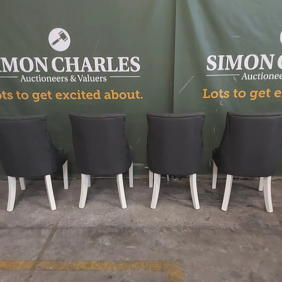 SET OF 4 DUKE SLATE FABRIC BUTTON BACK DINING CHAIRS WITH WHITE LEGS 