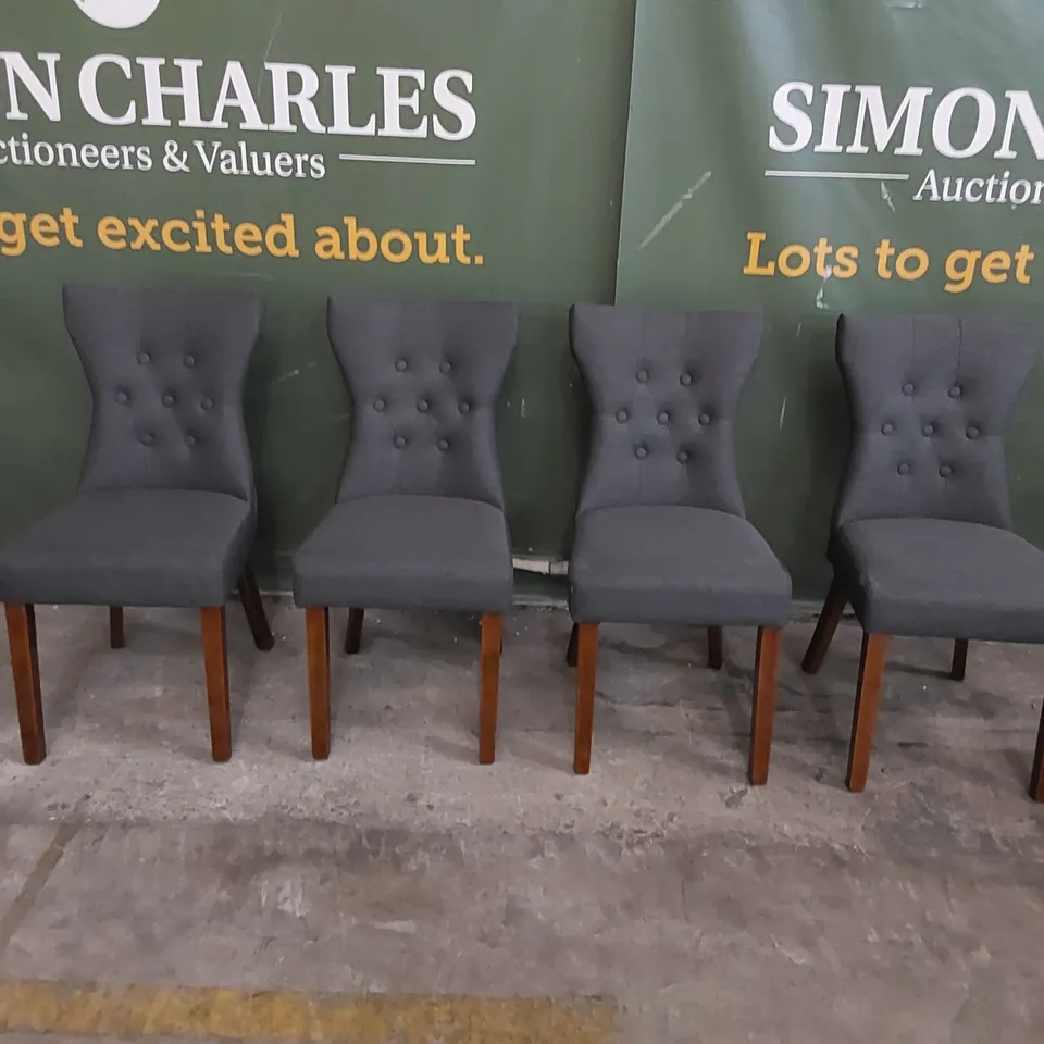 SET OF 4 BEWLEY SLATE FABRIC BUTTON BACK DINING CHAIRS WITH DARK BROWN LEGS 