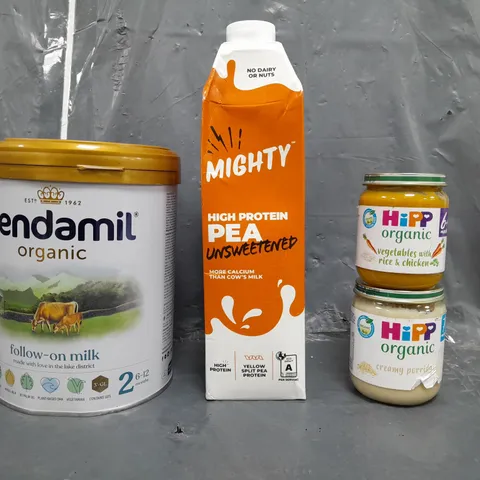 APPROXIMATELY 8 ASSORTED FOOD/DRINK PRODUCTS TO INCLUDE KENDAMIL FOLLOW-ON MILK, PEA PROTEIN MILK, HIPP BABY FOOD, ETC