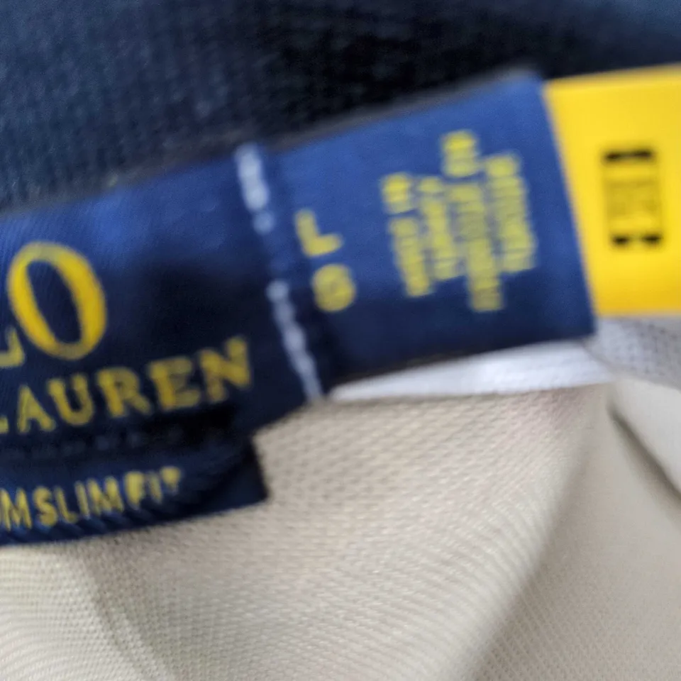 POLO RALPH LAUREN POLO SHIRT – WHITE WITH PARIS CREST, NAVY COLLAR, LARGE (L)