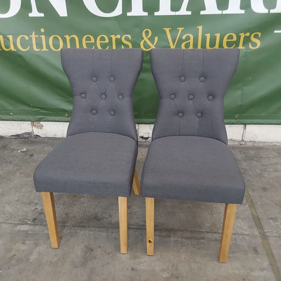 PAIR UPHOLSTERED BUTTONED BACK DINING CHAIRS CHARCOAL FABRIC ON NATURAL WOOD LEGS 