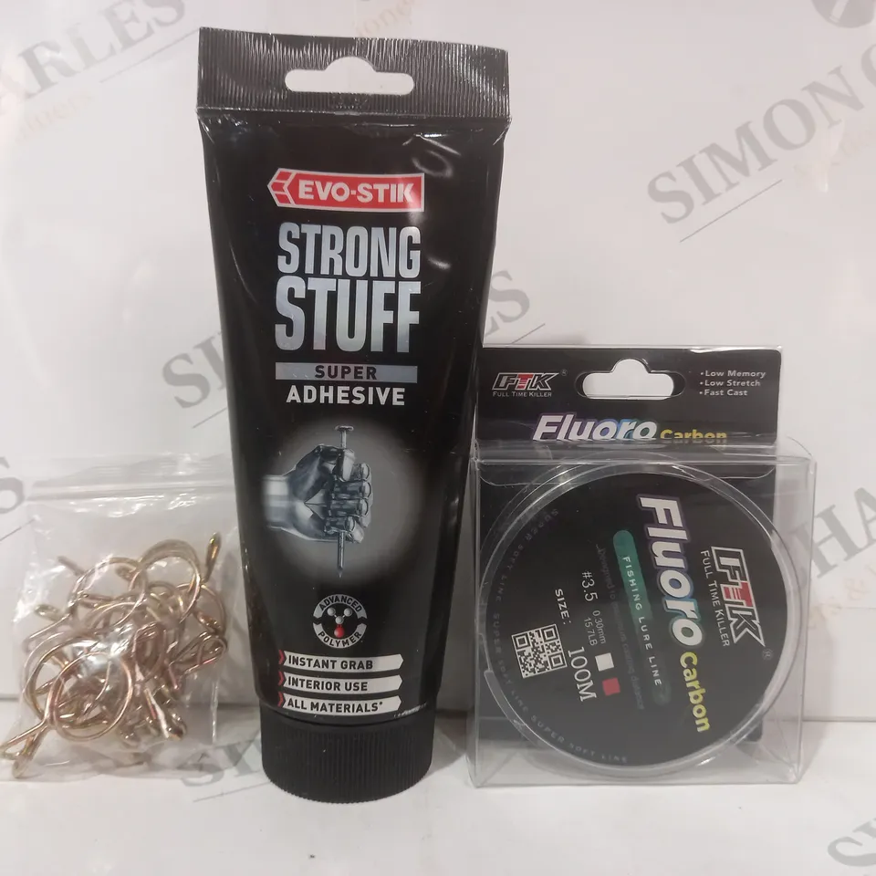 APPROXIMATELY 20 ASSORTED HOUSEHOLD ITEMS TO INCLUDE SUPER ADHESIVE, FISHING LURE LINE, ETC