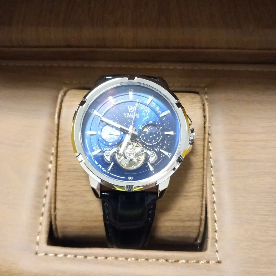 MENS WILLIAM JOURDAIN AUTOMATIC 2580 WATCH – OPEN HEART MOVEMENT WITH SUB DIALS – GLASS EXHIBITION BACK CASE – BLACK GENUINE LEATHER STRAP