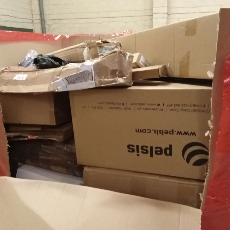 PALLET OF HOUSEHOLD GOODS AND PRODUCTS TO INCLUDE; MYSFLOSY SELF ADHESIVE VINYL FLOORING, ASPECTEK LIGHTING SYSTEM, BOXED FURNITURE