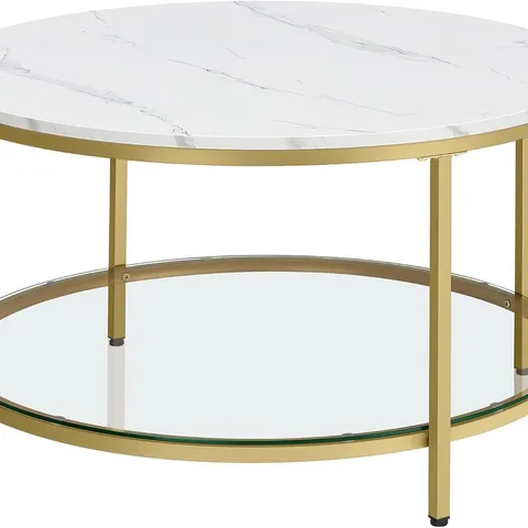BOXED VASAGLE COFFEE TABLE, LIVING ROOM TABLE, SOFA COCKTAIL TABLE FAUX MARBLE ROUND, TEMPERED GLASS STORAGE SHELF, EASY TO ASSEMBLE, MODERN STYLE, FOR LIVING ROOM, MARBLE WHITE AND METALLIC GOLD