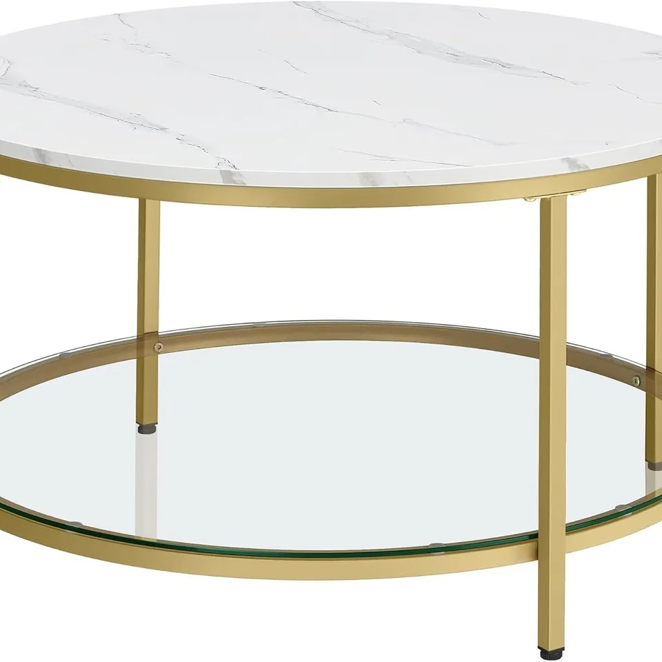 BOXED VASAGLE COFFEE TABLE, LIVING ROOM TABLE, SOFA COCKTAIL TABLE FAUX MARBLE ROUND, TEMPERED GLASS STORAGE SHELF, EASY TO ASSEMBLE, MODERN STYLE, FOR LIVING ROOM, MARBLE WHITE AND METALLIC GOLD