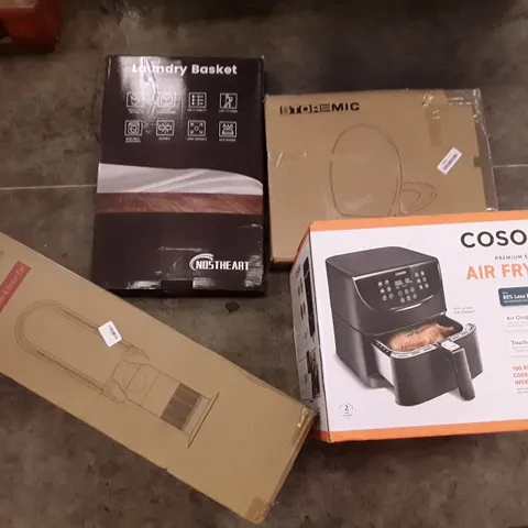 PALLET OF ASSORTED PRODUCTS INCLUDING STOREMIC TOILET SEAT, AIR FRYER, LAUNDRY BASKET, BLADELESS PURIFIER & HEATER FAN, PINE DOUBLE BED, STAINLESS STEEL FAUCET