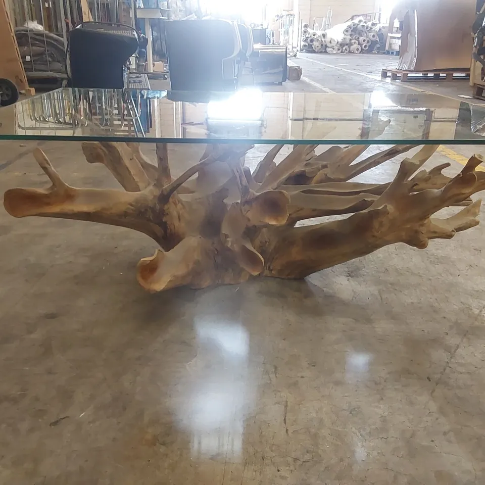 PACKAGED HOMESDIRECT365 TEAK ROOT DRIFT GLASS COFFEE TABLE (2 ITEMS)