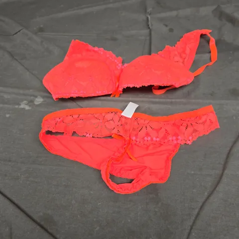 NEON CORAL LACE LINGERIE SET - BRA & BRIEFS, UK SIZE L