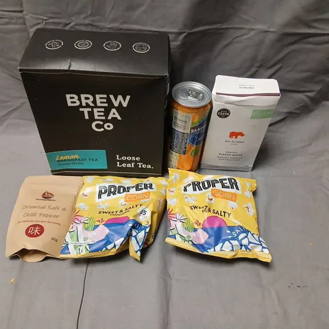 EIGHT ASSORTED PRODUCTS TO INCLUDE; PROPER CORN SWEET AND SALTY, BREW TEA CO LEMON BREAKFAST TEA AND ORIENTAL SALT AND CHILLI PEPPER