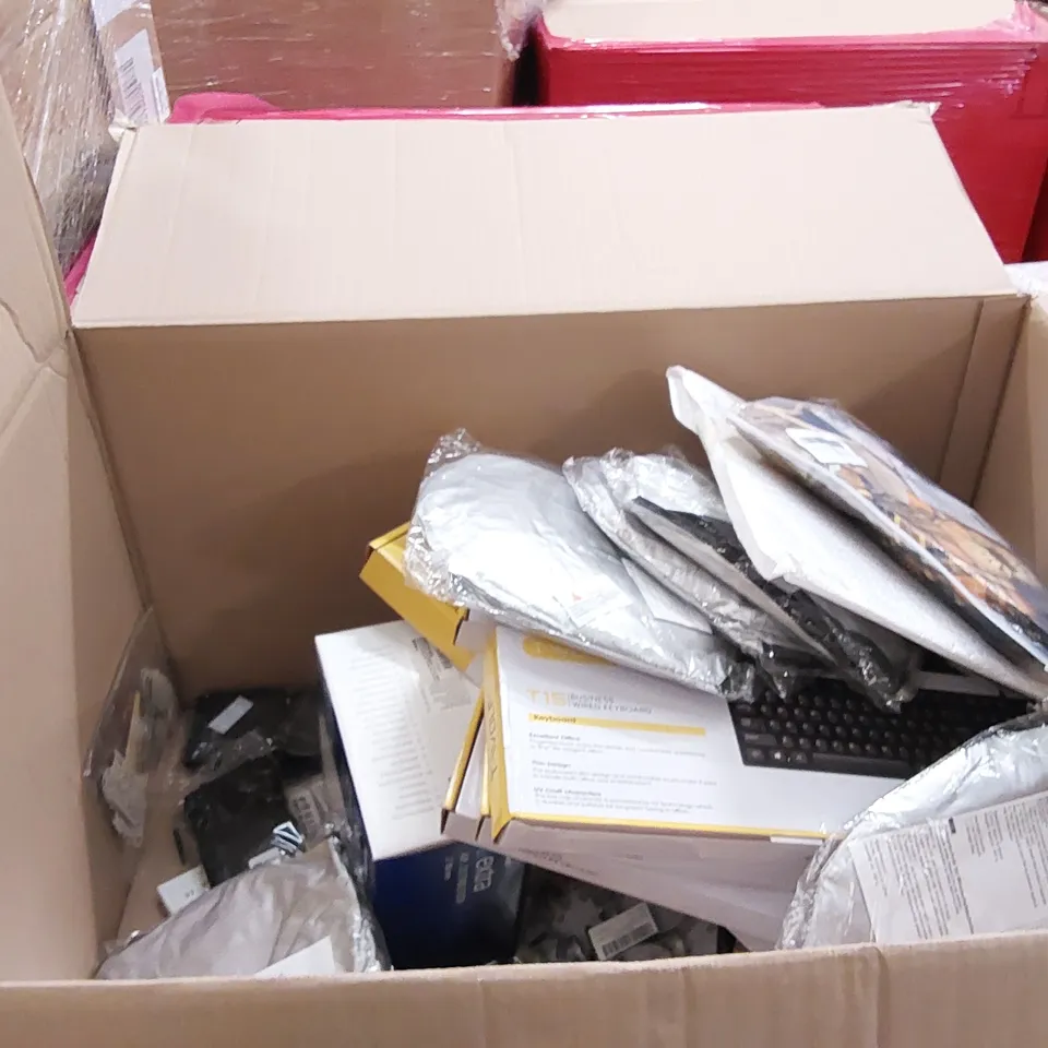 PALLET OF ASSORTED ITEMS INCLUDING: KEYBOARDS AMAZON KINDLE CASE, BRACELET KIT, PHONE CASES, APRON, CAR WINDSHIELD COVER, SHOE STORAGE BOX, COOKIE CUTTERS