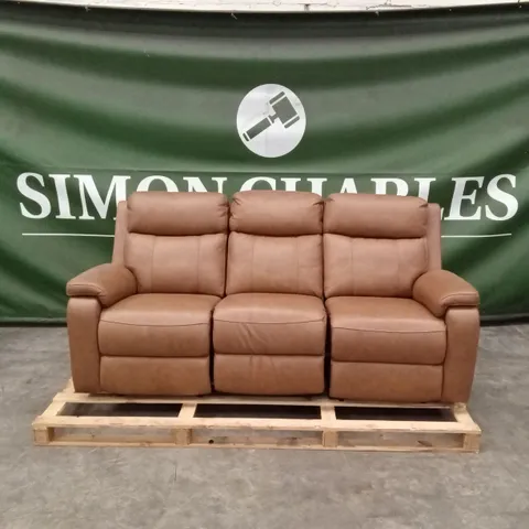 QUALITY DESIGNER 3 SEATER POWER RECLINING TAN LEATHER SOFA