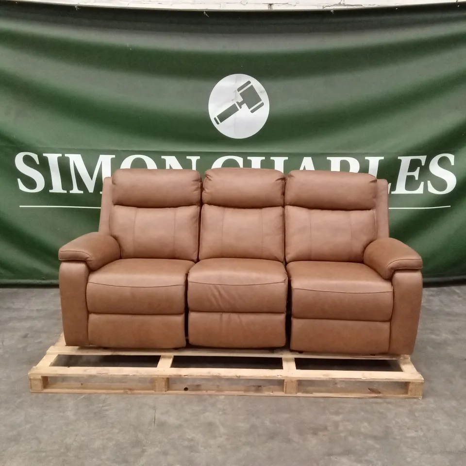 QUALITY DESIGNER 3 SEATER POWER RECLINING TAN LEATHER SOFA