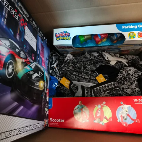 APPROXIMATELY 4 ASSORTED TOYS & GAMES PRODUCTS TO INCLUDE BABY WHEELS PARKING GARAGE, MY FIRSTS SCOOTER, TURBO RACER, ETC - COLLECTION ONLY