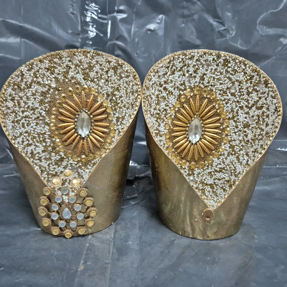 BOX OF 2 UNBRANDED GOLD VOTIVE W. JEWEL & BEAD CANDLE HOLDERS