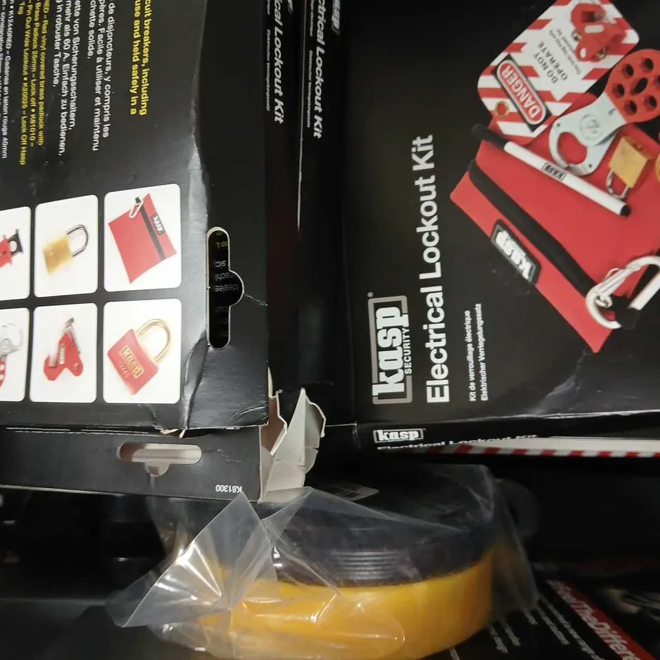 APPROXIMATELY 10 ASSORTED HOUSEHOLD ITEMS TO INCLUDE ELECTRICAL LOCK OUT KIT, ADHESIVE REMOVER, ETC