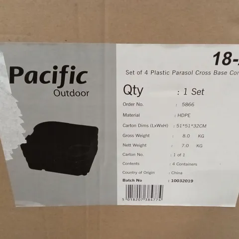 BOXED PACIFIC OUTDOOR SET OF 4 PLASTIC PARASOL CROSS BASE CONTAINERS