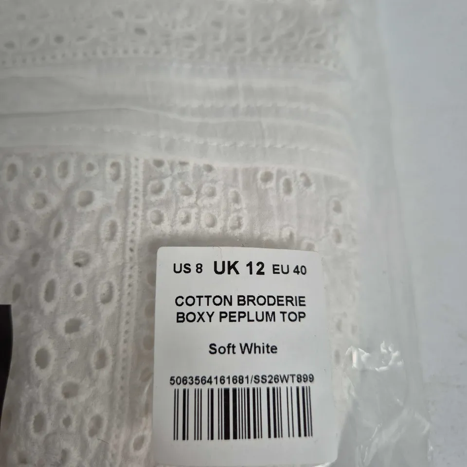 ME+EM COTTON BRODERIE BOXY PEPLUM TOP – SOFT WHITE, UK 12 (US 8 / EU 40)