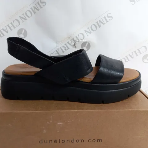 BOXED PAIR OF DUNE BLACK LEATHER PLATFORM SANDALS - SIZE 7