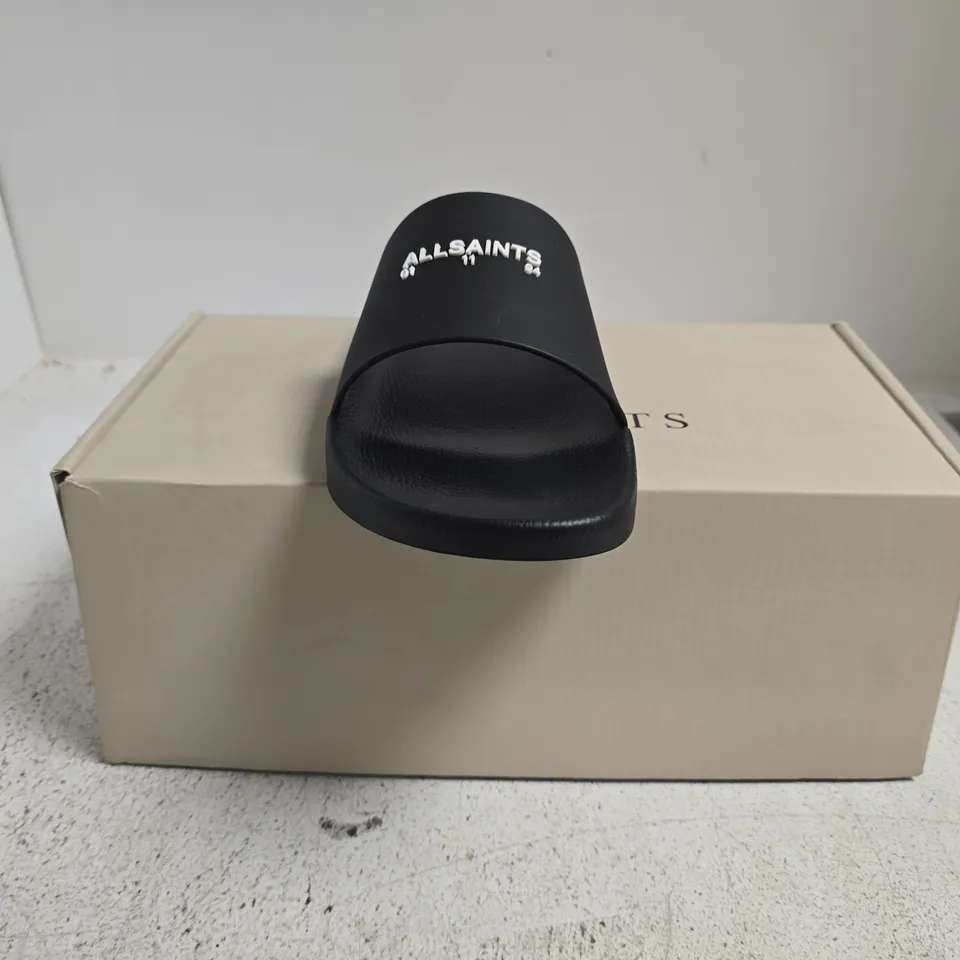 BOXED PAIR OF ALL SAINTS DATE SLIDERS IN BLACK SIZE UK 11