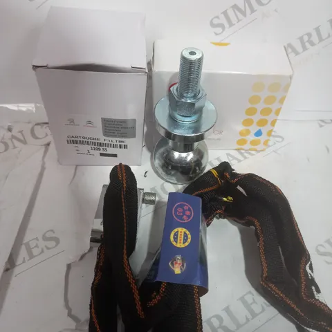LOT OF ASSORTED ITEMS TO INCLUDE PADLOCK AND CHAINE, AIR FILTERS AND WATER DETECTOR