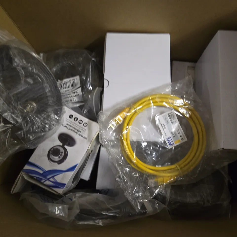 APPROXIMATELY 12 ASSORTED ELECTRICAL ITEMS TO INCLUDE CCTV SHOTGUN CABLE, CCTV DOME CAMERA, FLUSH BOOTED PATCH CABLE, ETC