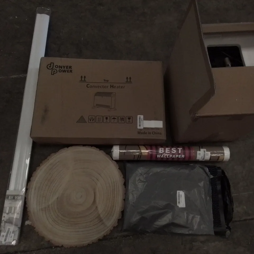 PALLET OF ASSORTED ITEMS INCLUDING AIR FRYER, CONVECTOR HEATER, WALLPAPER, DOOR MAT, ROLLER BLIND, WOOD CUTTING BOARD
