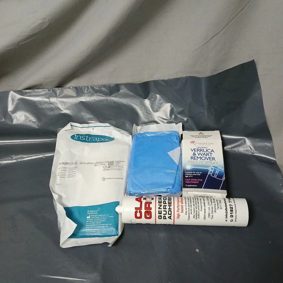 APPROXIMATELY 20 ASSORTED HOUSEHOLD ITEMS TO INCLUDE GENERAL PURPOSE ADHESIVE, VERRUCA AND WART REMOVER, ASEPTIC DRESSING PACK ETC