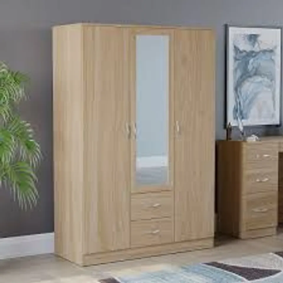 BOXED VIDA DESIGNS RIANO 3 DOOR 2 DRAWER MIRRORED WARDROBE - PINE (3 BOXES)