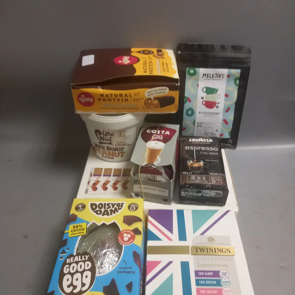 BOX OF APPROX 10 ASSORTED FOOD ITEMS TO INCLUDE - PIP&NUT PEANUT BUTTER - TWINNINGS TEA COLLECTION - VIVE SALOTED CARAMEL BARS ETC