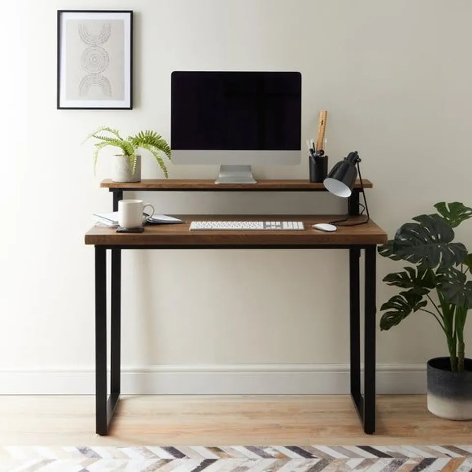BOXED DUNELM FREDDIE SELF ASSEMBLY STEP UP SHELF DESK - 90/75×110×55CM - RUSTIC WOOD