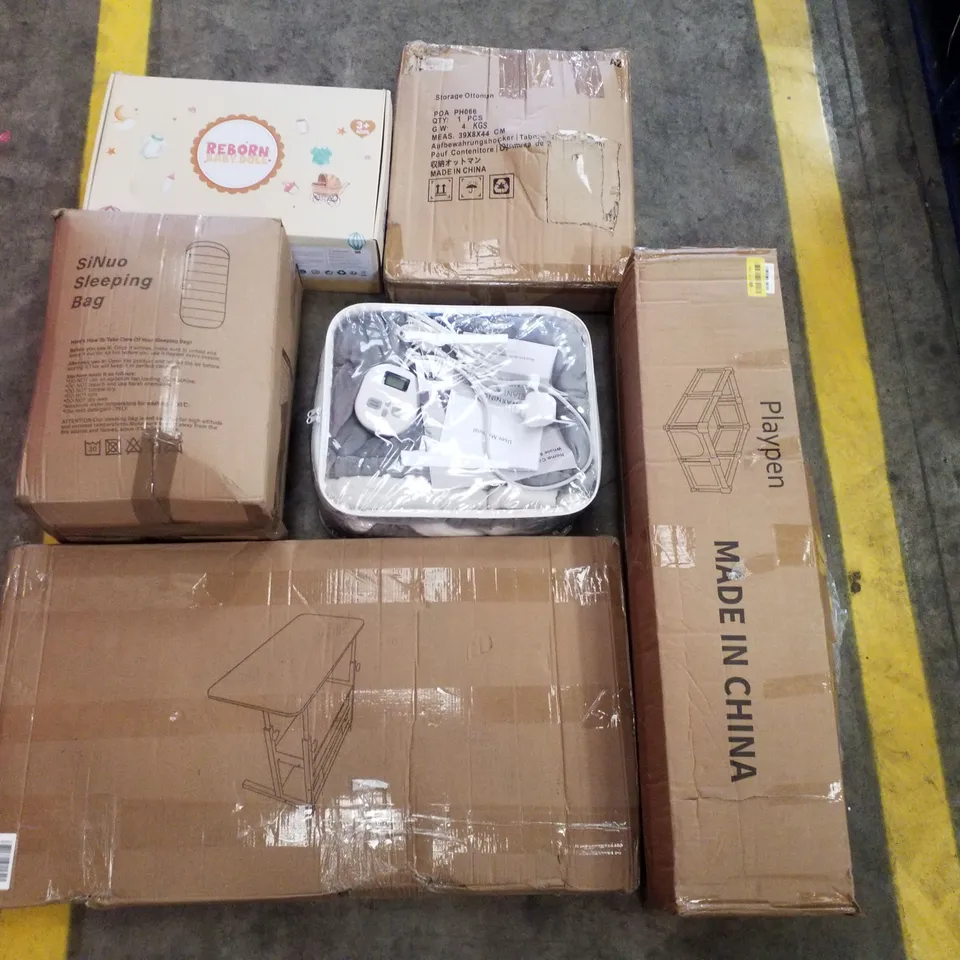 PALLET CONTAINING ASSORTED PRODUCTS INCLUDING REBORN BABY DOLL, STORAGE OTTOMAN, PLAYPEN, HEATED THROW, SLEEPING BAG & TRAY TABLE