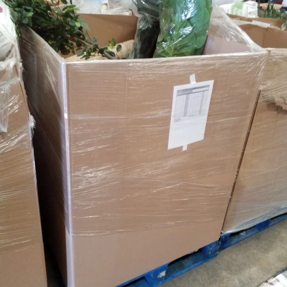 PALLET CONTAINING ASSORTED PRODUCTS INCLUDING PARASOL BASE, 30L PEDAL BIN, SCREEN HOUSE, HARD TROLLEY CASE & ARTIFICIAL PLANTS