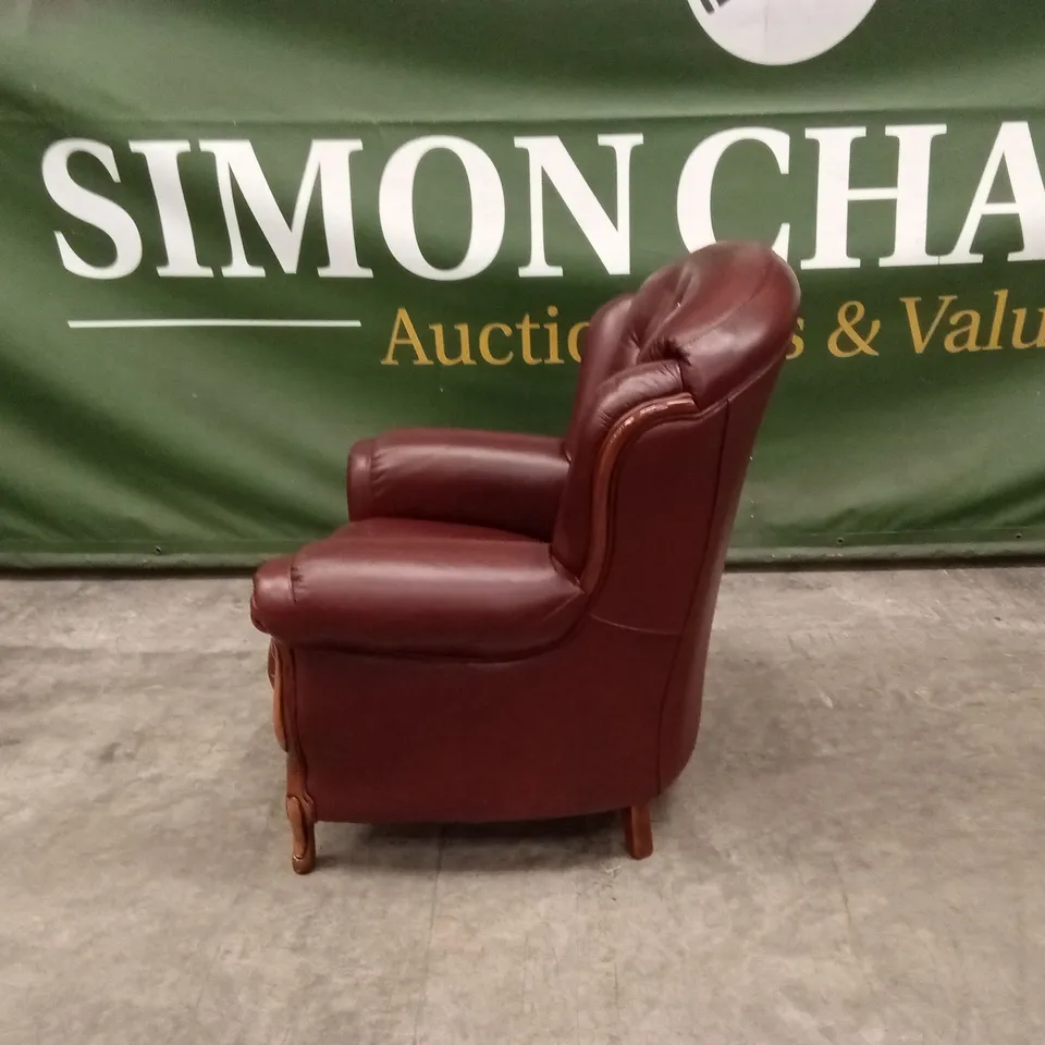 DESIGNER ITALIAN MADE BURGUNDY LEATHER & WOOD ARMCHAIR