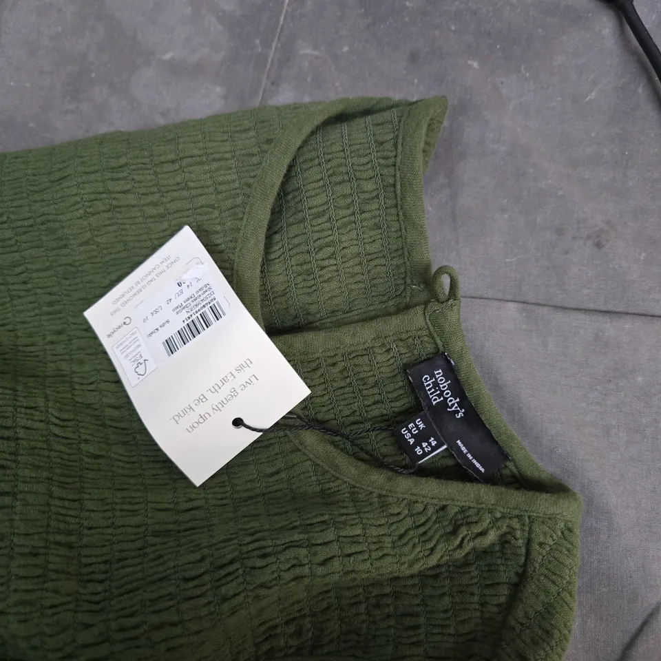 NOBODY'S CHILD GREEN SLEEVELESS DRESS, UK 14 – SMOCKED BODICE & TIERED SKIRT