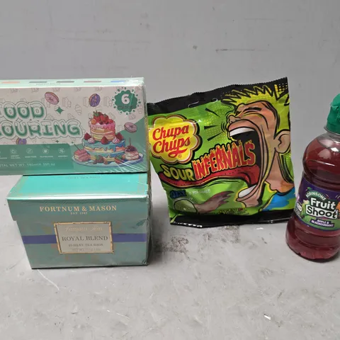 APPROXIMATELY 10 ASSORTED FOOD & DRINK ITEMS TO INCLUDE - ROBINSONS FRUIT SHOOT , FOOD COLOURING, FORTNUM & MASON TEA BAGS ETC