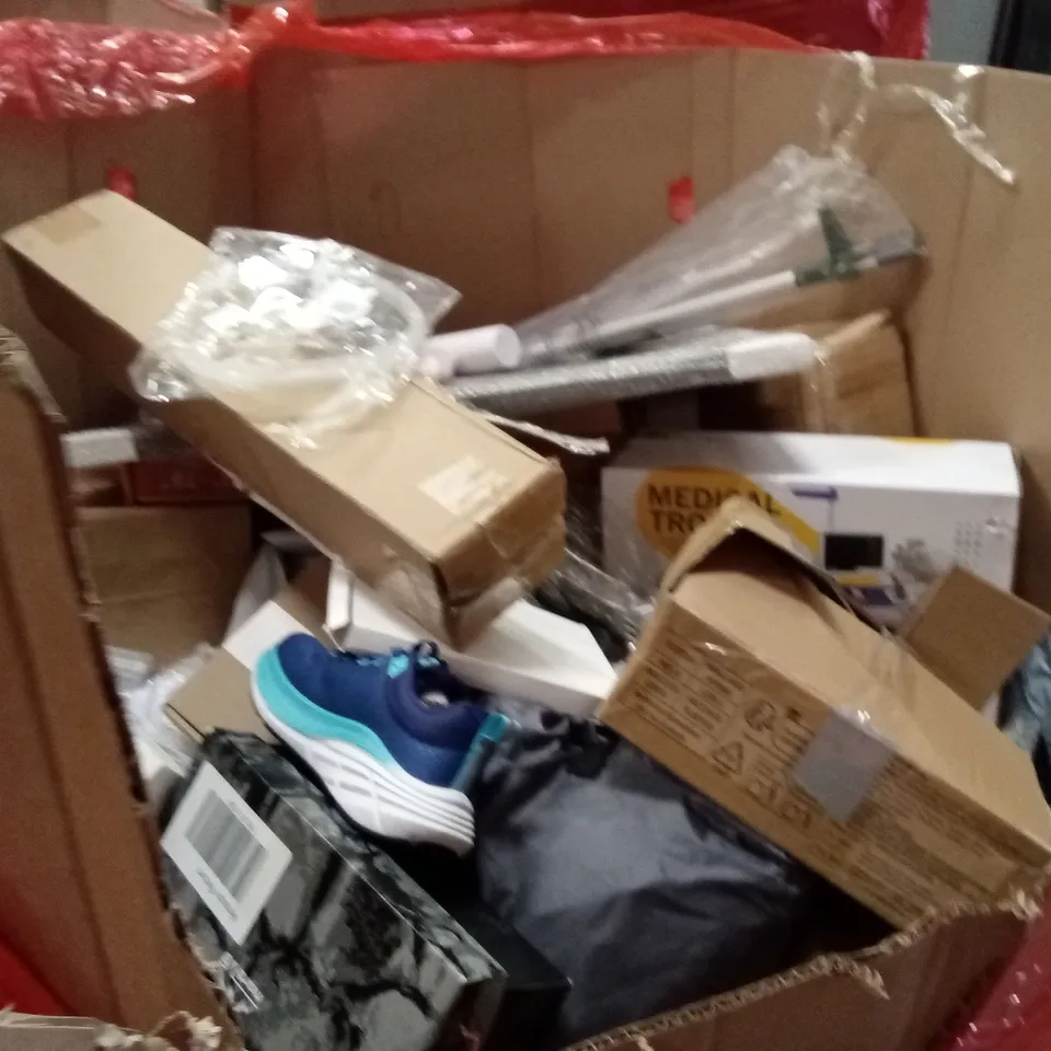 PALLET OF ASSORTED HOUSEHOLD GOODS AND PRODUCTS TO INCLUDE;KIDS MEDICAL TROLLEY,TRAINERS,TV WALL MOUNT