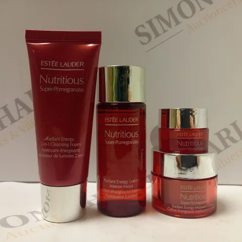 BOX OF 4 ASSORTED ESTEE LAUDER PRODUCTS TO INCLUDE CLEANSING FOAM, RADIANT ENERGY LOTION, MOISTURE CREAM, EYE JELLY