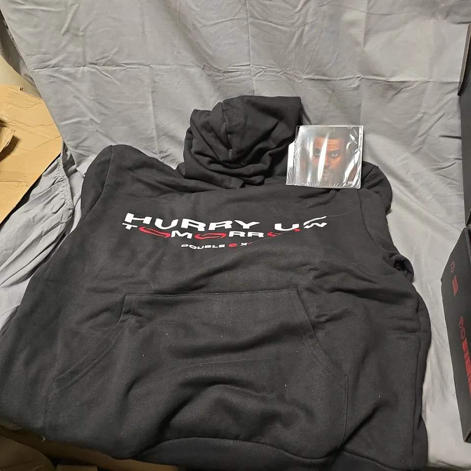 BLACK HOODIE WITH 'HURRY UP' GRAPHIC + CD ALBUM (MEN'S CLOTHING, CLO-MAN)