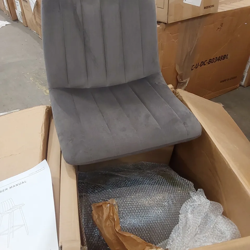 BOXED SET OF 2 DESIGNER GREY VELVET BAR STOOLS 