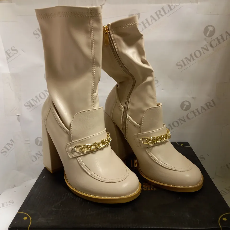 KOI VEGAN BEIGE BLOCK HEEL BOOT - SIZE 4