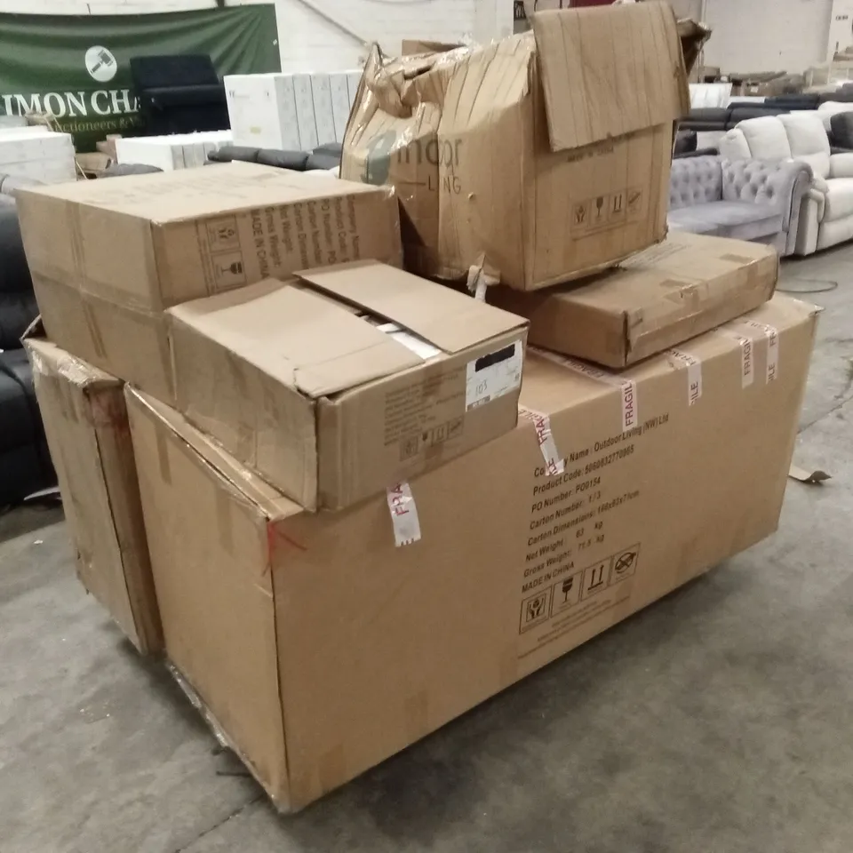 PALLET OF ASSORTED INCOMPLETE GARDEN AND OUTDOOR FURNITURE PARTS AND PIECES 