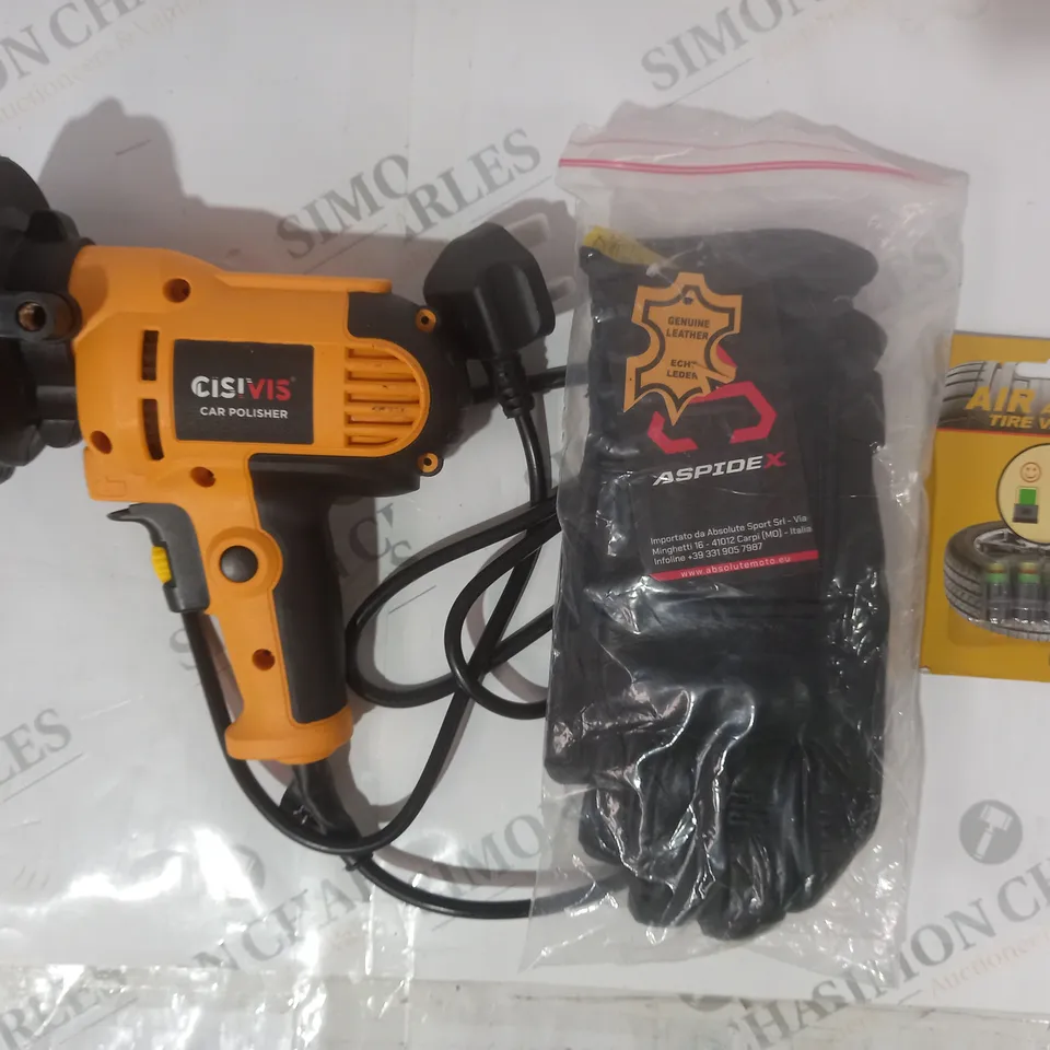 BOX OF APPROXIMATELY 10 ASSORTED VEHICLE PARTS AND ACCESSORY ITEMS TO INCLUDE AIR ALERT TIRE VALVE CAP, ASPIRE X GLOVES SIZE XL, CISIVIS CAR POLISHER, ETC - COLLECTION ONLY