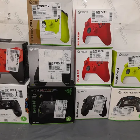 10 ASSORTED BOXED XBOX CONTROLLERS IN VARIOUS COLOURS AND TYPES TO INCLUDE MICROSOFT. RAZER, TURTLE BEACH, ETC